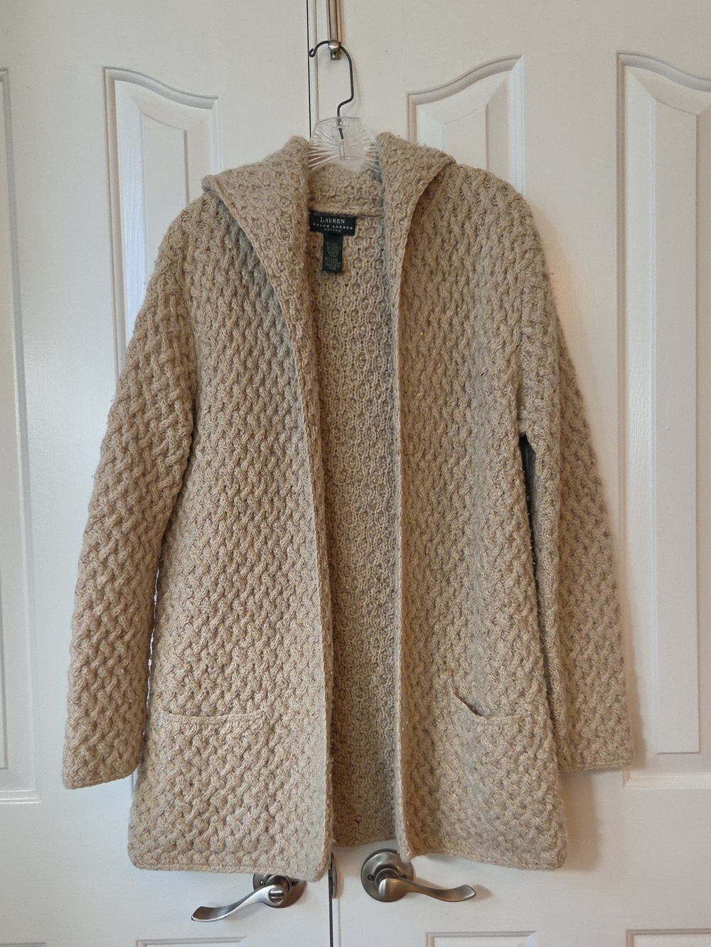 Ralph Lauren Handknit Cream Hooded Cable-Knit Open Front Cardigan